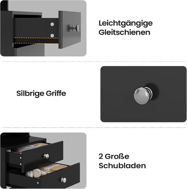 Нічний столик AOGLLATI з прихованим відділенням, розеткою та LED-підсвічуванням, 2 шухляди, висувний ящик, полиця, глянцева поверхня (40x35x59 см, чорний, 2)