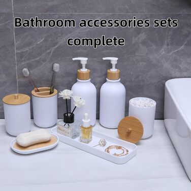 Набір аксесуарів для ванної кімнати, 9 шт. з бамбука: сміттєвий бак, дозатор мила, тримач для зубних щіток, щітка для унітазу, контейнер для ватних паличок, мильниця (білий мат)