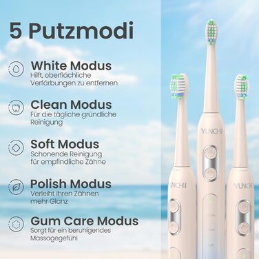 Електрична зубна щітка YUNCHI з USB-C зарядкою, 5 режимів, 8 насадок, для дорослих та дітей, блакитна