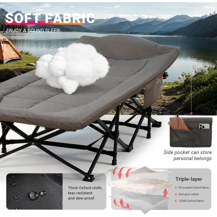 Розкладне польове ліжко OVERMONT з матрацом для кемпінгу та відпочинку, 190x70x40 см, витримує до 250 кг, тканина Оксфорд, з кишенею та сумкою для транспортування (Сірий)