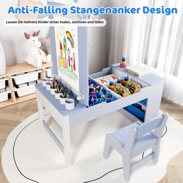 Дитячий стіл зі стільцями, комплект з дерева, дитяча група сидіння з місцем для зберігання, стіл для малювання з рулоном паперу, стіл для малювання та рукоділля для дітей від 3 років (Блакитний)