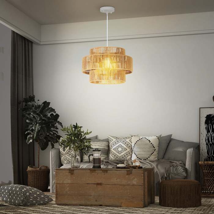 Підвісна лампа з тришаровим абажуром, метал, мотузка з натурального льону, світло-коричневий