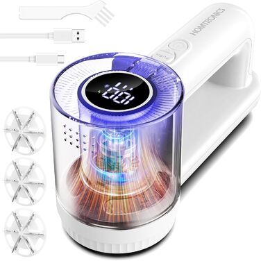 Електричний видальник ворсу Homtronics з USB-зарядкою, LED-дисплеєм та 6-кліновою головкою для одягу, диванів та килимів (білий)