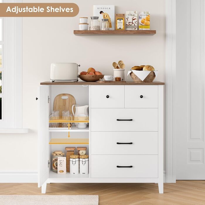 Сайдборд HOCSOK: кухонний буфет з 5 шухлядами та 1 дверцятами, з робочою поверхнею, колір білий та коричневий