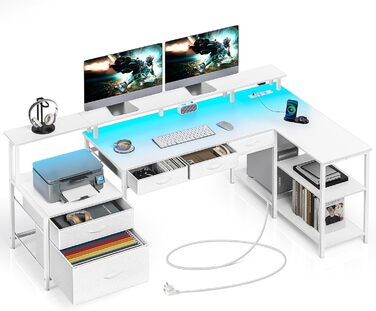 Кутовий стіл Seventable L-подібної форми з LED-підсвічуванням, підставкою для монітора та висувними ящиками, білий. Ідеально підходить для спальні, офісу або вітальні.