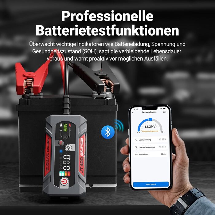 Портативний пусковий пристрій та тестер акумулятора LOKITHOR JT400: 2500A, 12V, для бензинових (8.5L) та дизельних (6.5L) авто