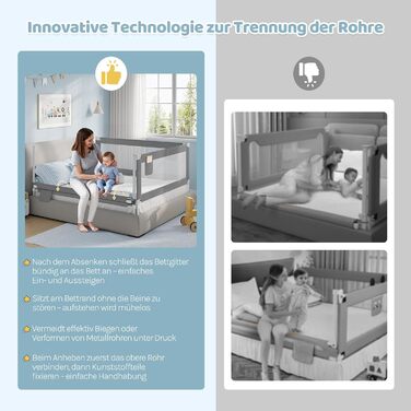 Бортик для ліжка WOLTU 150 см, захисний бар'єр для дітей та немовлят, регульована висота 69-87 см, тканина Оксфорд, металевий каркас, темно-сірий