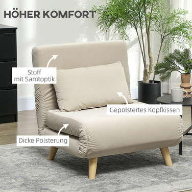 Крісло HOMCOM Ліжко, Розкладне крісло з функцією ліжка, Декоративні подушки, Розкладне крісло з регульованою спинкою в оксамитовому вигляді, для вітальні, Бежевий