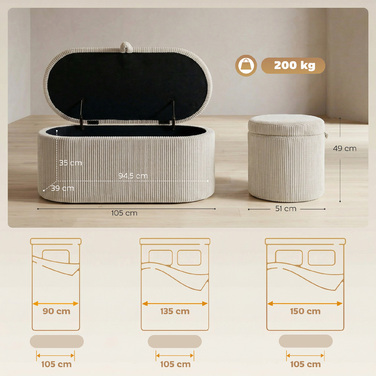 Пуф-органайзер з м'якою оббивкою та сидінням, банкетка для спальні, 105 x 51 x 49 см, Бежевий