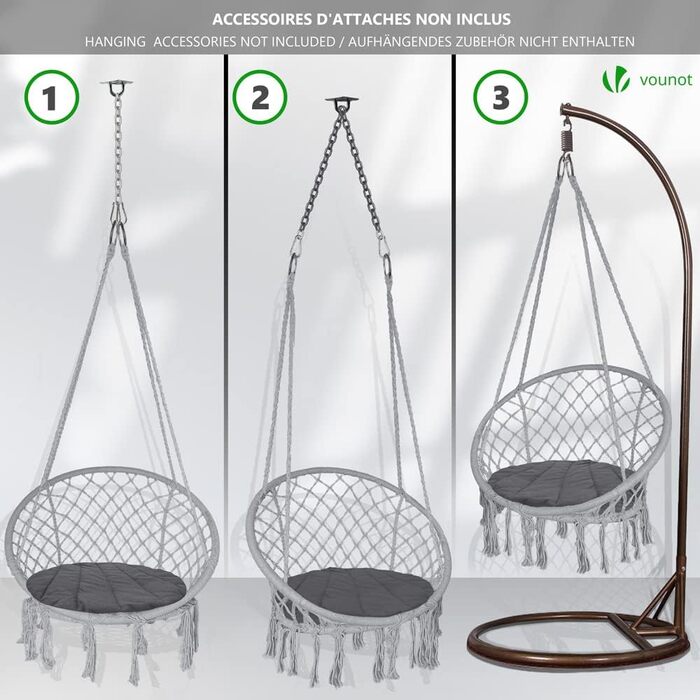 Підвісне крісло-гойдалка VOUNOT з полицею для книг та подушкою, для дому та саду, діаметр сидіння 80 см, X-Large (Сірий)