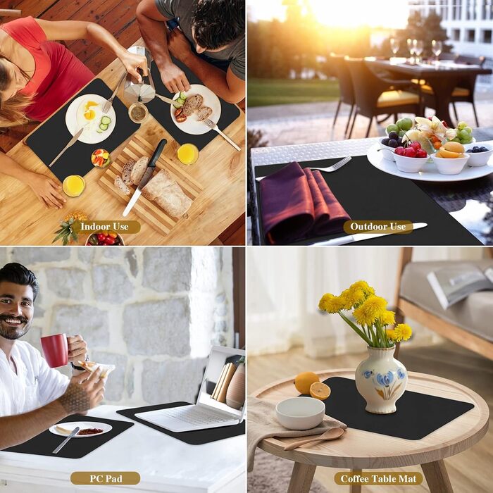 Набори серветок на стіл (6 шт.) чорного кольору, водонепроникні, підставки під тарілки, серветки для дітей, осінні серветки, серветки зі штучної шкіри, підставки під тарілки (Чорний, розмір 38,8)