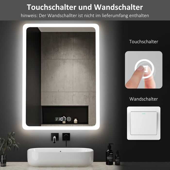 Дзеркало для ванної кімнати з підсвічуванням та годинником Boromal 50x70 см, диммер, 3 кольори світла, 2470 лм