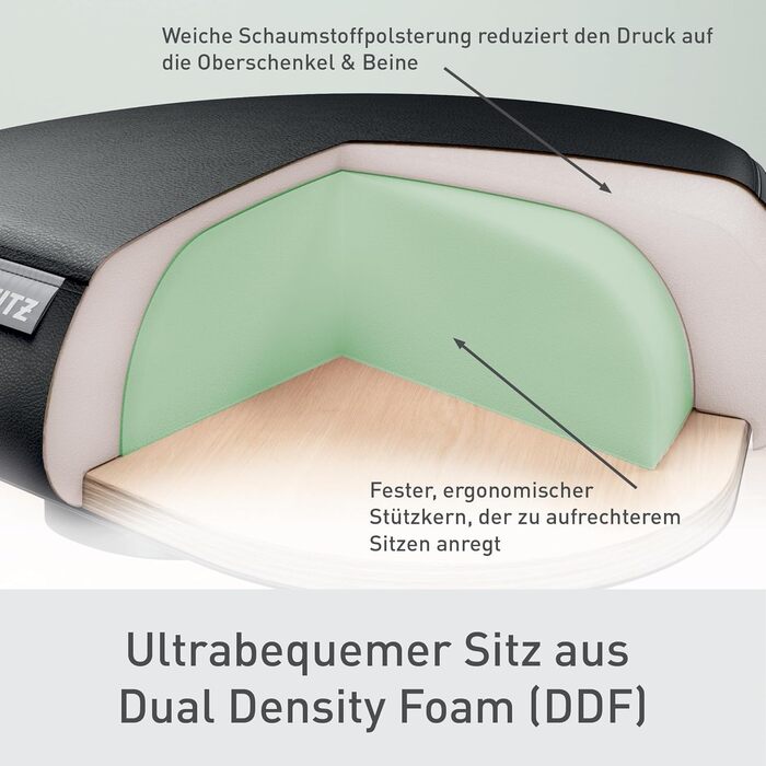 Офісний стілець Leitz Ergo Active з піною подвійної щільності, регульована висота 57-82 см, оббивка з переробленого матеріалу (110 кг), чорний, з колесами