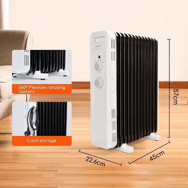 Електричний масляний радіатор Aigostar 2500W з термостатом, 13 ребер, 30м², 3 режими, захист від перекидання та перегріву, мобільний нагрівач, 2 шт.