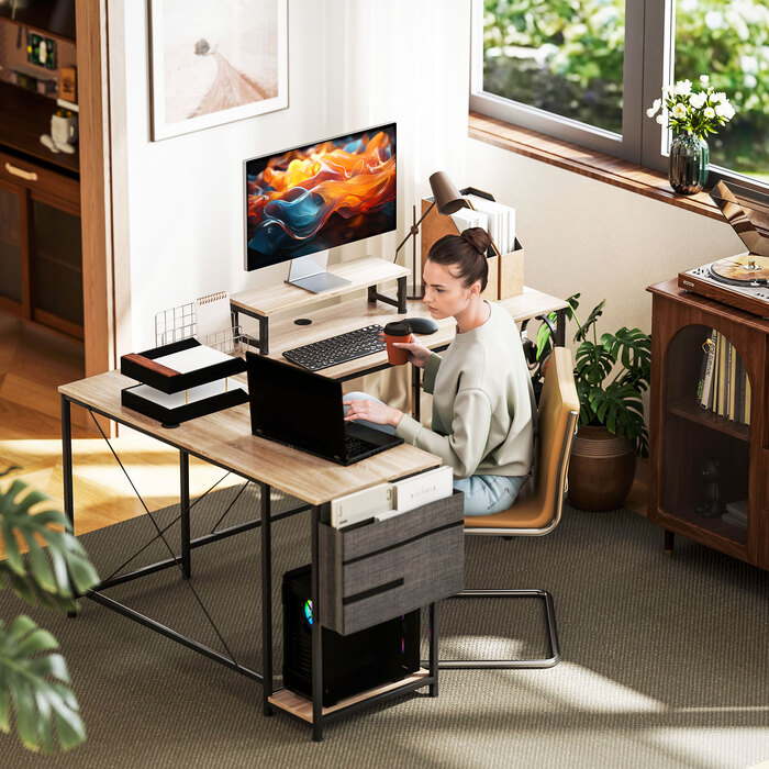 Кутовий письмовий стіл, багатофункціональний офісний стіл з регульованими полицями, кишенею для зберігання та підставкою для монітора, натуральне дерево