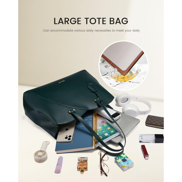 LOVEVOOK Сумка для жінок велика, шопер для ноутбука, сумка для роботи, офісна сумка, з PU шкіри, на плечі, для навчання, тоут-сумка для роботи, бізнесу, університету (15,6 дюймів, темно-зелений)