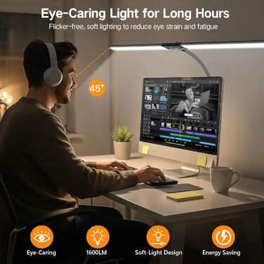 OUTON LED лампа для столу з двома головками, 85.5 см, 1600 люмен, сенсорне керування, регулювання яскравості, 5 температур кольору, таймер, пам'ять, захист очей, кріпиться за допомогою затискача, для офісу та дому, чорний