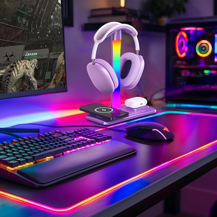 Підставка для навушників з бездротовим зарядним пристроєм, RGB-підсвічуванням, сумісна з Airpod Max, Airpod Pro/3/2, iPhone 16/15/14/13/12/11, Samsung, подарунок для геймерів (фіолетовий)