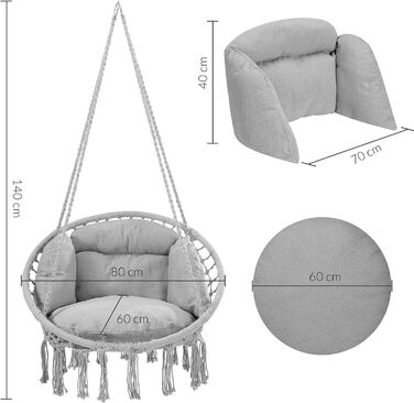 Підвісне крісло Detex з 2 подушками до 150 кг Завантажуваний Ø60 см Стійкий до атмосферних впливів Гойдалки на 360 Крісло-гамак для приміщень Підвісні гойдалки Підвісне сидіння в стилі бохо (світло-сірий)