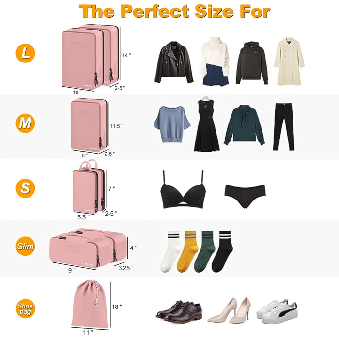 Набір органайзерів для подорожей у валізу Packing Cubes, комплект дорожніх сумок для одягу та косметички (8 предметів, рожевий)