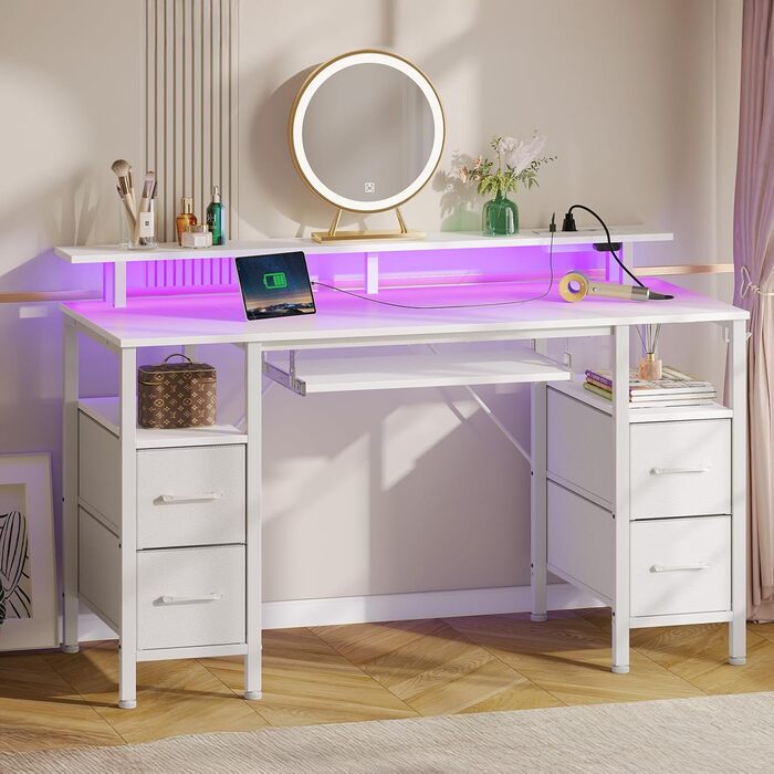 Стіл Rolanstar з шухлядами, 120x47 см, ігровий стіл з розеткою, LED-підсвітка та підставка для монітора, стіл для комп'ютера з підставкою для клавіатури, білий