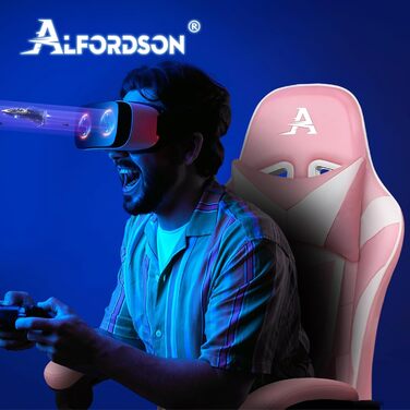 Ігровий крісло Alfordson з регульованою підніжкою, 8 точками масажу, нахилом 150°, PU-шкіра, чорний (Eryx - Рожевий, серія Eryx)