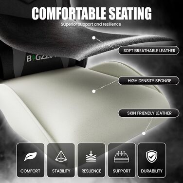 Ігровий крісло Bigzzia - ергономічне крісло для ПК з підголівником, RGB підсвічуванням, для юнаків та дорослих (чорно-сірий, без LED)