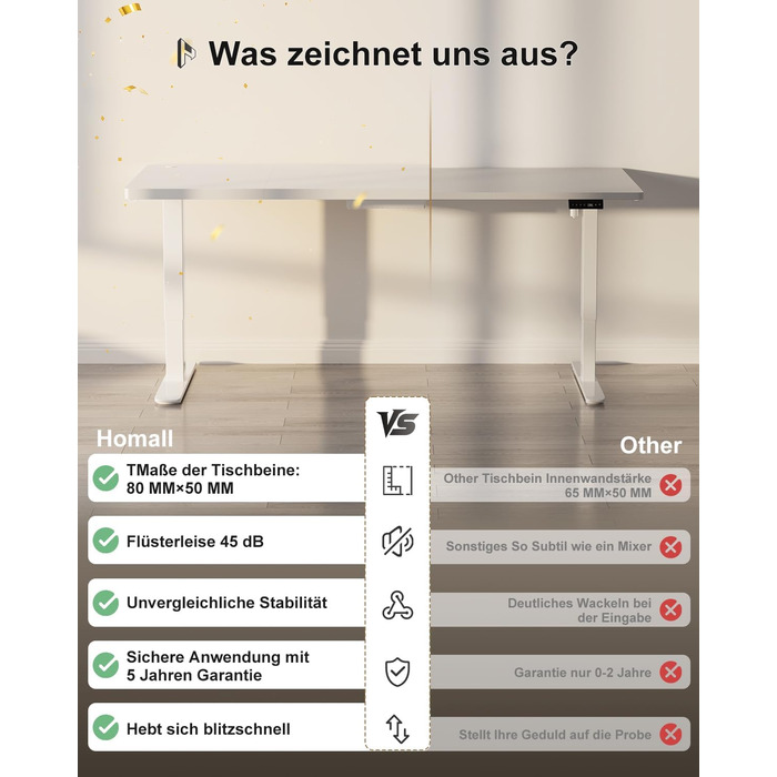 Регульований стіл Homall 200x80 см з USB-портом, електропривод, органайзер для кабелів, пам'ять положень, білий комп'ютерний стіл