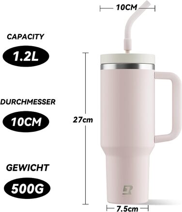 Термокружка-пляшка 1200 мл з трубочкою та антиковзним ручним захопленням, витіканнями запобігає, BPA Free, подвійні стінки, ізоляція для авто, офісу, відпочинку (пастельно-рожевий) біло-рожевий