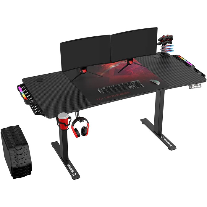 Ігровий стіл ULTRADESK Level V2 LED RGB з електричним регулюванням висоти Внутрішня пам'ять на 2 налаштування Подовжувач, килимок для миші розміру XXL Сталева рама, червона накладка, 140x68 см