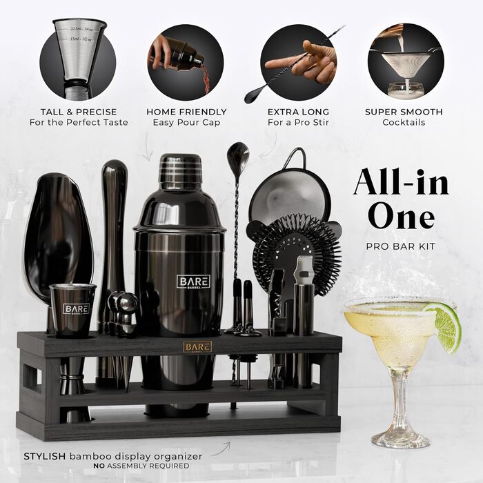 Набір бармена BARE BARREL® Mixology: 16 предметів для приготування коктейлів | Шейкер, барне аксесуар, інструменти для дому | 35 рецептів + подарунковий набір (680.4 г Cobbler Shaker)