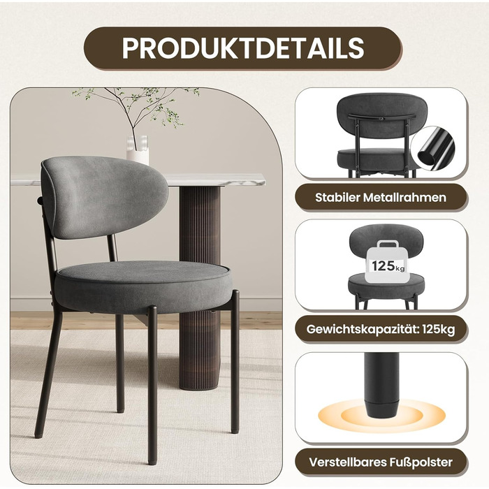 Обідні стільці COLAMY з м'яким сидінням 10 см – Сучасні стільці з плюшевої тканини Teddy, з міцним металевим каркасом – Для кухні та вітальні, Білий (Сірий, 2 шт.)