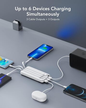 Кабелі, LED-дисплей, 6 виходів, сумісний з iPhone, Huawei, Samsung, 10000mAh, USB C, 4