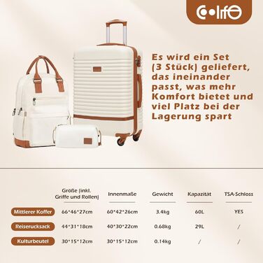 Набір валіз COOLIFE 3в1: велика валіза на 4 колесах з TSA-замком, рюкзак та косметичка (темно-зелений/коричневий)