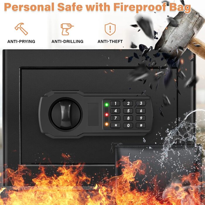 Вогнетривкий сейф Safe 25L з водонепроникним кишеньовим відділенням, цифровим замком, висувною полицею та сигналізацією. Підходить для зберігання грошей, ліків, коштовностей, документів формату A4.