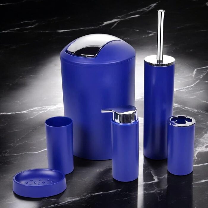 Набір аксесуарів для ванної кімнати 6tlg Badset: мильниця, стакан для зубних щіток, відро для косметики, щітка для унітазу з тримачем, мильниця, сміттєвий бак, тримач для зубних щіток, повна ванна кімнатна комплектація (темно-синій дизайн 2a)
