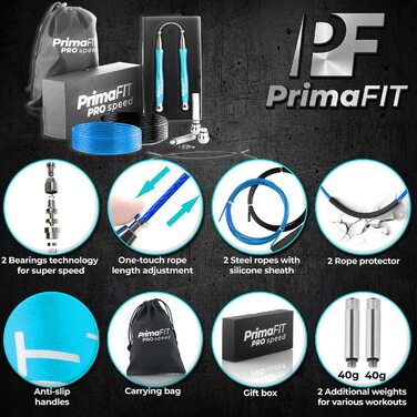 Скакалка PrimaFIT для дорослих, професійна Скакалка для фітнесу, 3 м, Регульована по вазі, 2 шарикопідшипника і протиковзкі ручки, професійний Скакалка для боксу, ММА, кроссфіта, додатковий сталевий канат, сумка світло-синього кольору