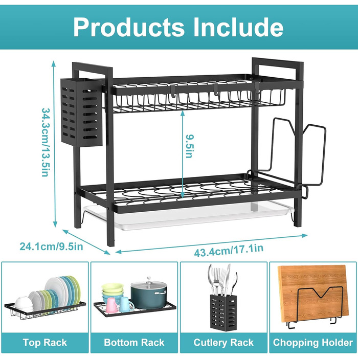 Сушарка з нержавіючої сталі з тримачем для посуду, гачком і піддоном для крапель для кухонної стійки/мийки (чорна)