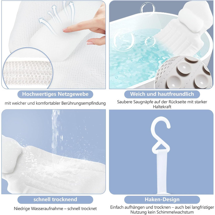 Подушка для ванни повномірна 134x41 см з підголівником та підтримкою попереку, швидковисихаюча, гіпоалергенна, з гачком та рукавичкою для ванни