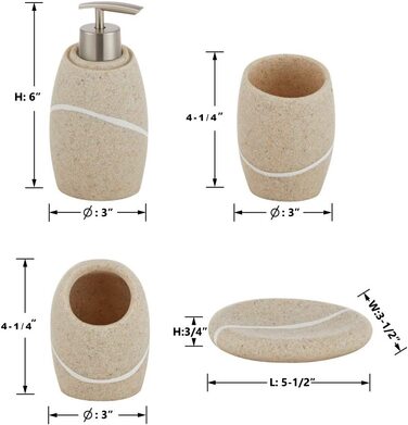 Набір для ванної кімнати ZCCZ 4 шт. и органайзер з тримачем для зубних щіток, дозатор для мила, миска, кам'яний вигляд, бежевий