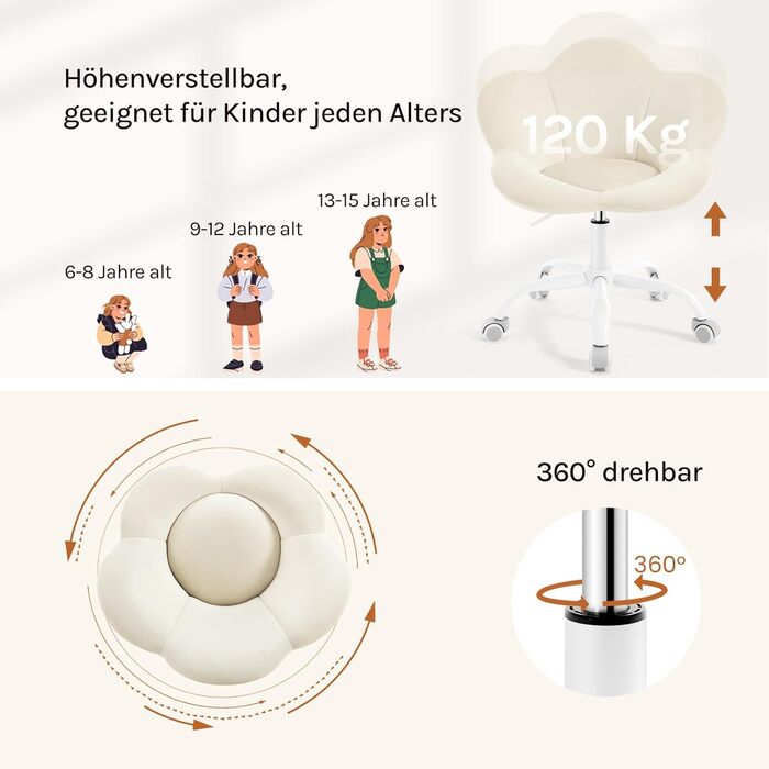 Дитячий стілець WOLTU для столу, комп'ютера, косметичного столика, регульований по висоті, оксамит, бежевий для дитячої кімнати та дому