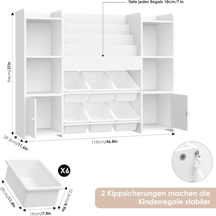 FOREHILL Дитяча полиця-стеллаж для іграшок та книг з 6 ящиками, 119 x 29,5 x 94 см, білий