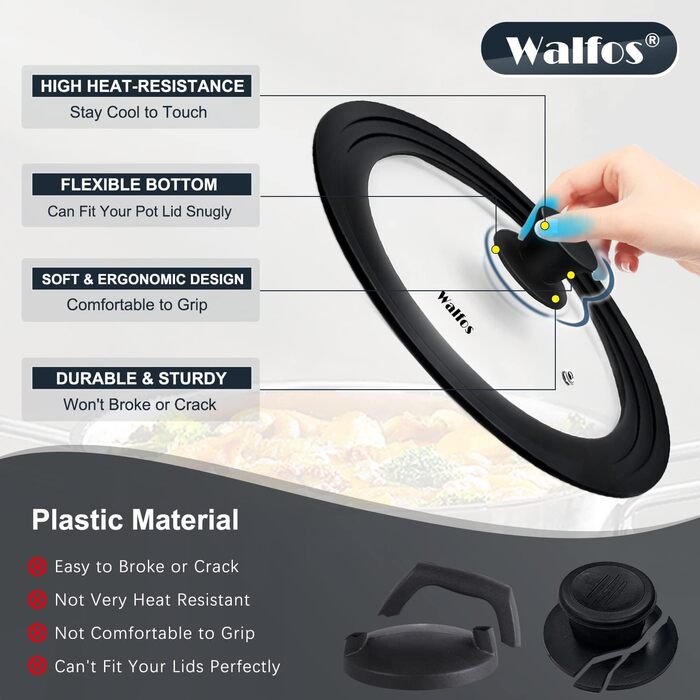 Універсальна кришка для каструль та сковорідок Walfos зі скляним куполом та силіконовим обідком, Ø 33, 36, 38 см, термостійка, чорна