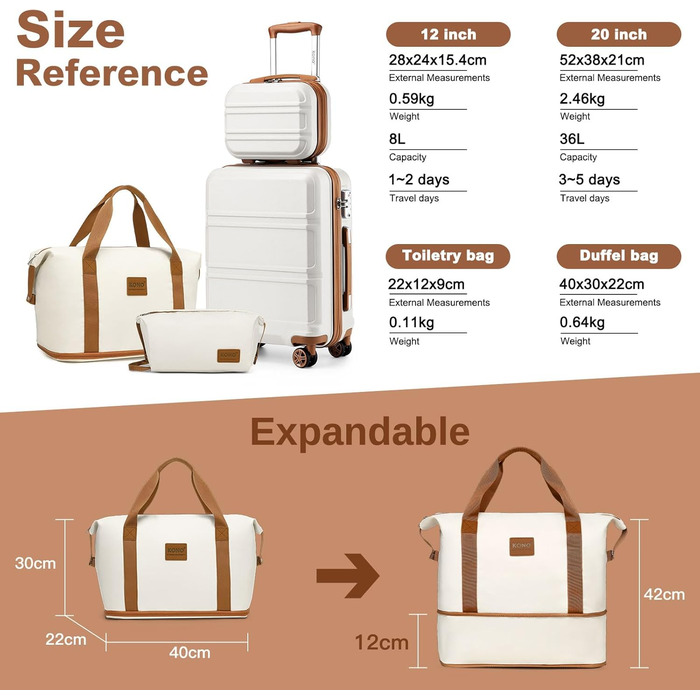 Набір валіз KONO 4 в 1: велика, ручна, косметичка та сумка для подорожей (кремово-білий)