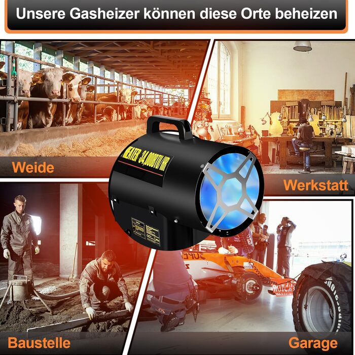 Газовий нагрівач для приміщень Ikodm 10kW 220V: газовий нагрівач, газовий обігрівач, газовий нагрівач-вентилятор, пропановий нагрівач, 320 м³/год, з газовим шлангом 1,2м та редуктором 700 мбар