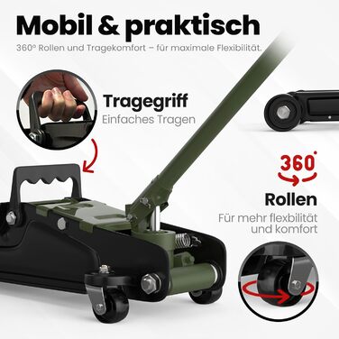 Гідравлічний домкрат Wagenheber 2.5T низькопрофільний для легкових авто та авто з низькою посадкою, зелений оливковий, до 2500 кг, з кейсом та 3 гумовими накладками