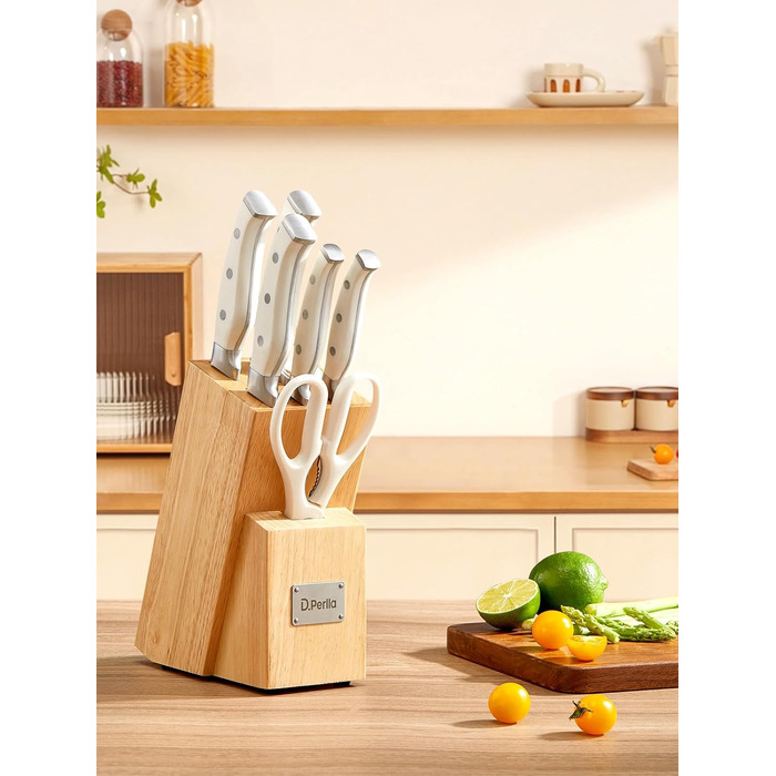 Набір ножів D.Perlla 7 предметів з точилкою, професійний кухонний набір з нержавіючої сталі з пластиковою ручкою та дерев'яним блоком, білий