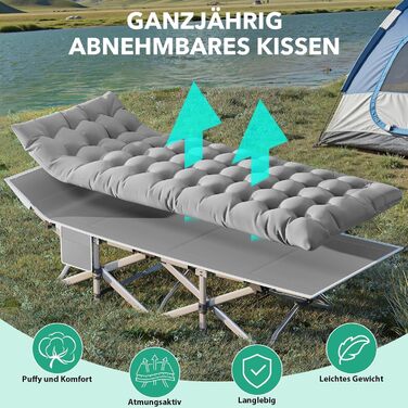 Розкладне ліжко для кемпінгу з матрацом та сумкою-переноскою, посилене (до 208 кг), XL 190x71x35 см, сіре