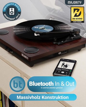 Вініловий програвач Majority Moto з Bluetooth, динаміком, USB-записом, касетою, адаптером 45 RPM та фетровим килимком