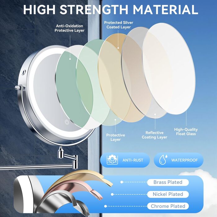Дзеркало для макіяжу Auxmir з підсвічуванням, перезаряджуване, 3200mAh, для гоління, настінне, з регулюванням яскравості, 3 кольори світла, 360° обертання, для ванної кімнати (срібний, 30X, 10 дюймів)